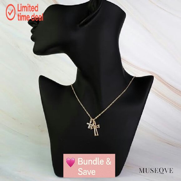 Double Cross Pendant Necklace 14K Gold Plated Dainty CZ Diamond Choker - Picture 5 of 6
